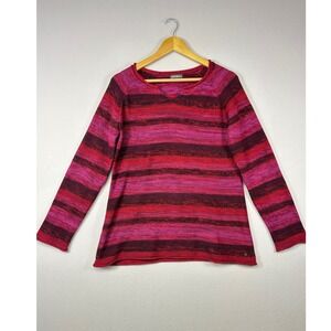 Gorpcore Eddie Bauer Womens Medium Pink Red Striped Cotton Knit‎ V-Neck Sweater